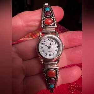 Sterling-silver women’s watch mother of pearl Native American turquoise coral
